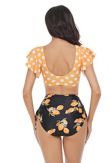 Traje de baño de dos piezas con estampado de lunares naranjas y blancos con manga con volantes